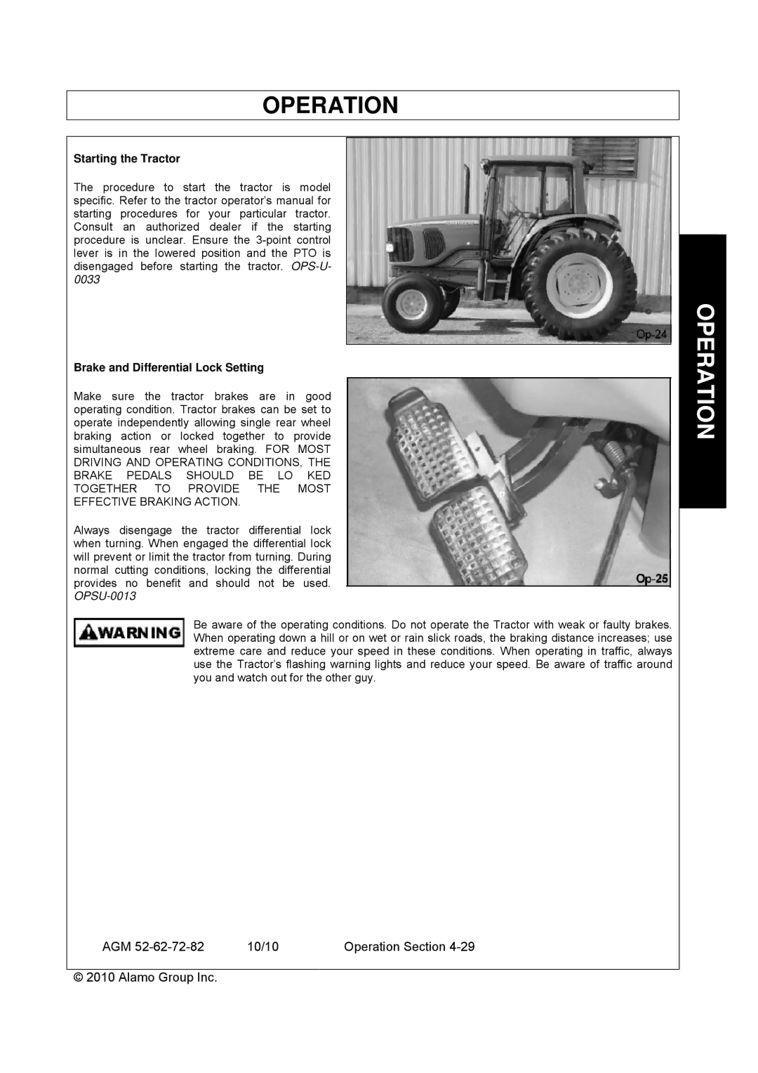 Servis-Rhino AGM72, AGM62, AGM52 manual Starting the Tractor, Brake and Differential Lock Setting 