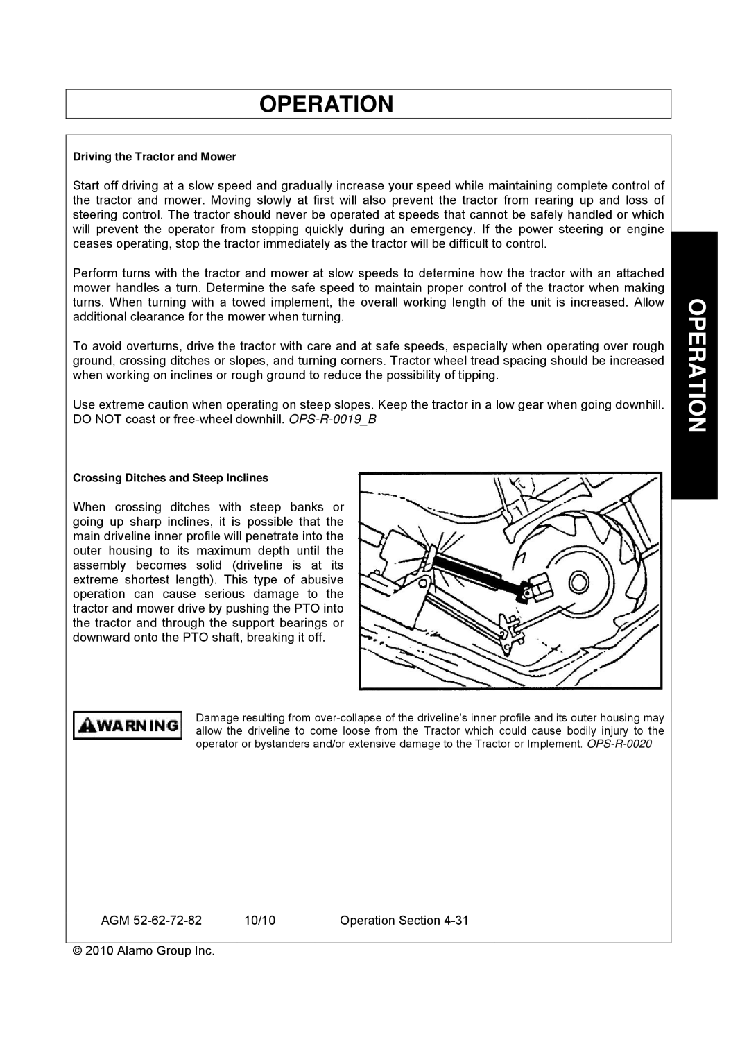 Servis-Rhino AGM62, AGM72, AGM52 manual Driving the Tractor and Mower, Crossing Ditches and Steep Inclines 