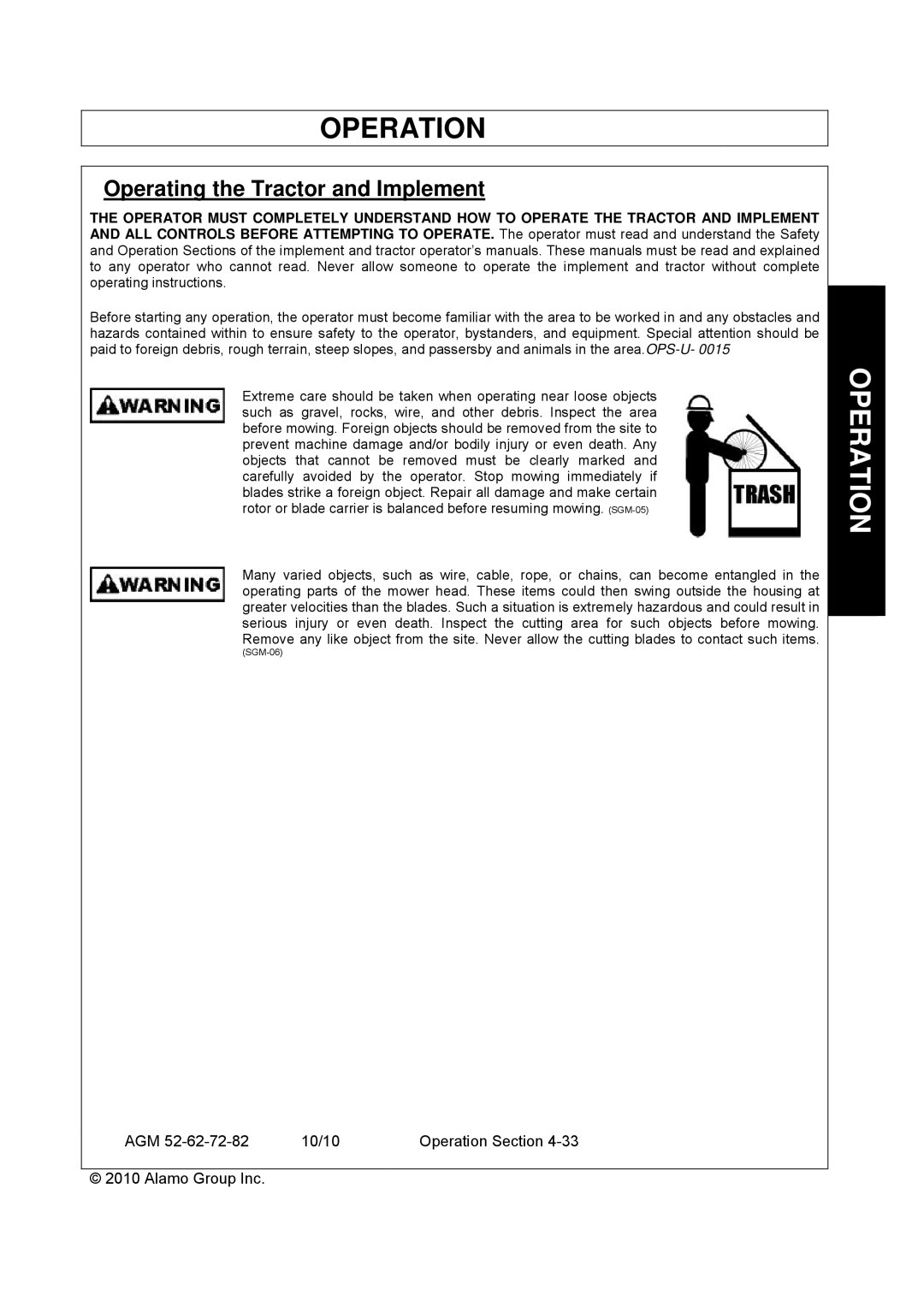 Servis-Rhino AGM52, AGM62, AGM72 manual Operating the Tractor and Implement 