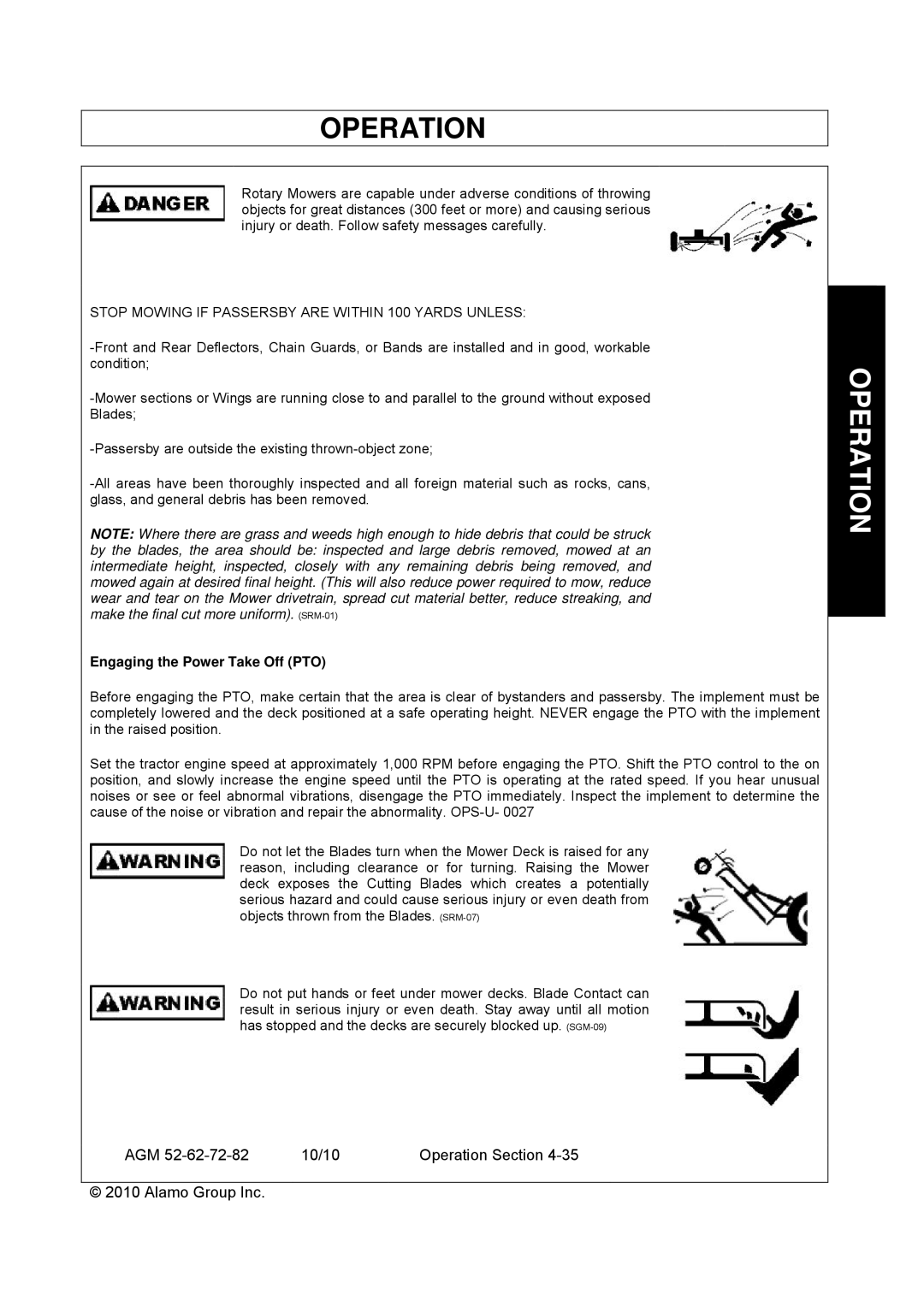 Servis-Rhino AGM72, AGM62, AGM52 manual Stop Mowing if Passersby are Within 100 Yards Unless, Engaging the Power Take Off PTO 