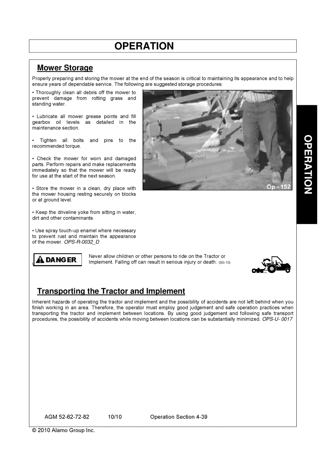 Servis-Rhino AGM52, AGM62, AGM72 manual Mower Storage, Transporting the Tractor and Implement 