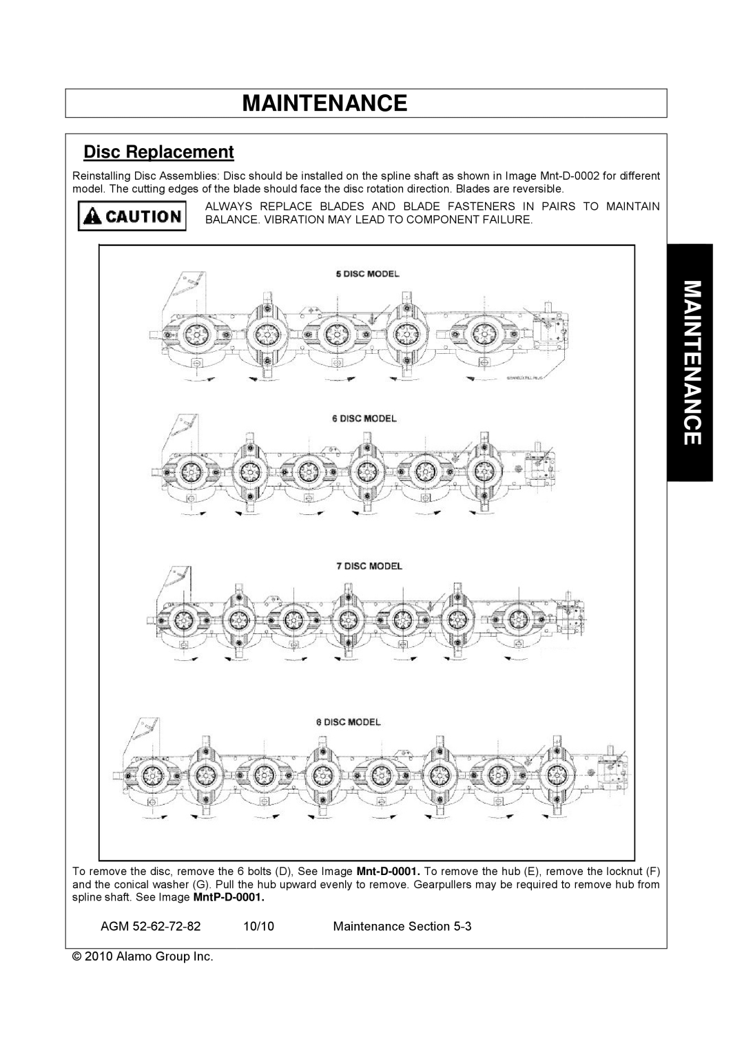 Servis-Rhino AGM62, AGM72, AGM52 manual Disc Replacement 