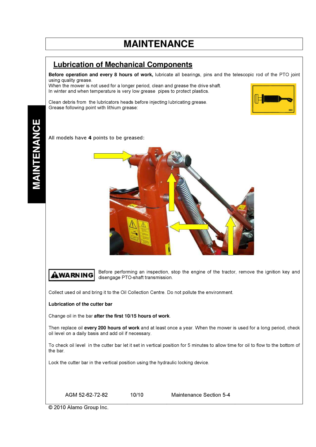 Servis-Rhino AGM72, AGM62, AGM52 manual Lubrication of Mechanical Components, All models have 4 points to be greased 