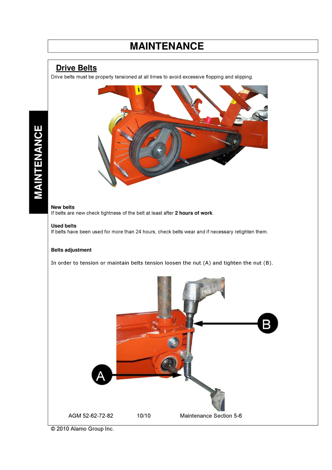 Servis-Rhino AGM62, AGM72, AGM52 manual Drive Belts, New belts, Used belts, Belts adjustment 