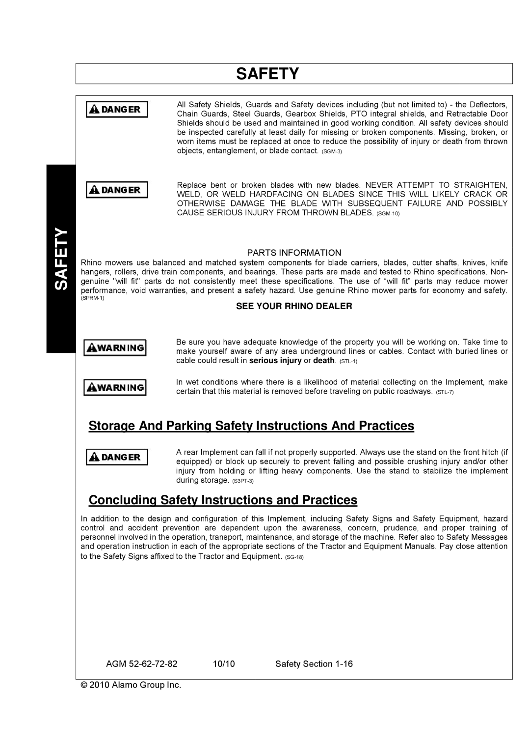 Servis-Rhino AGM72 Storage And Parking Safety Instructions And Practices, Concluding Safety Instructions and Practices 