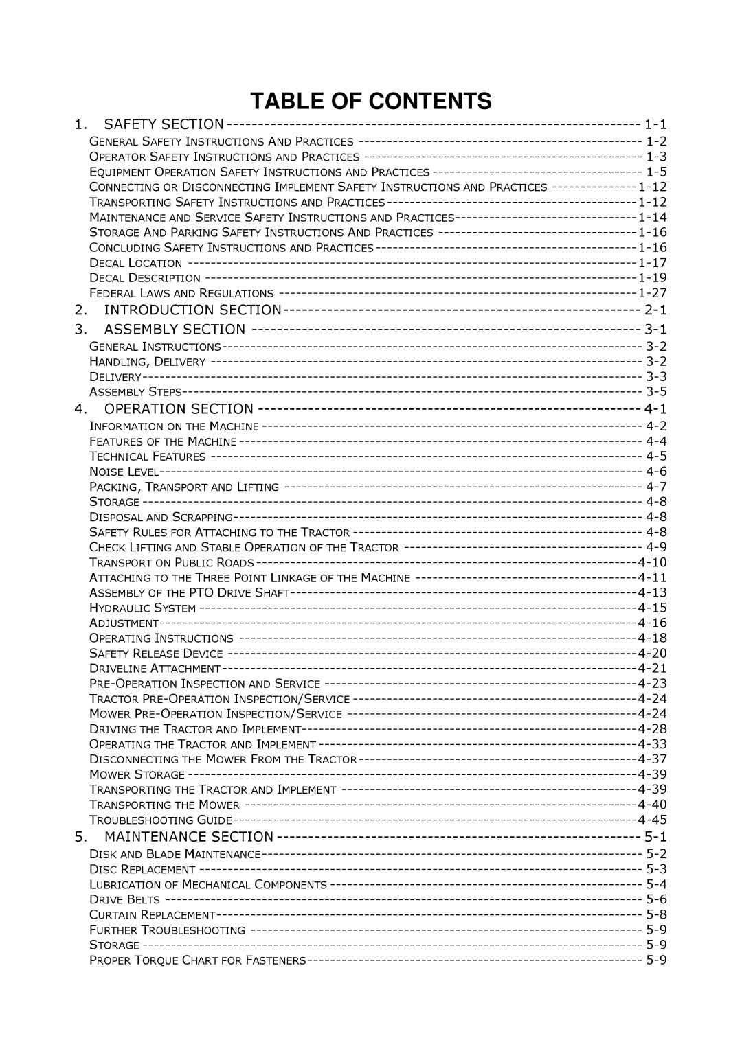 Servis-Rhino AGM52, AGM62, AGM72 manual Table of Contents 