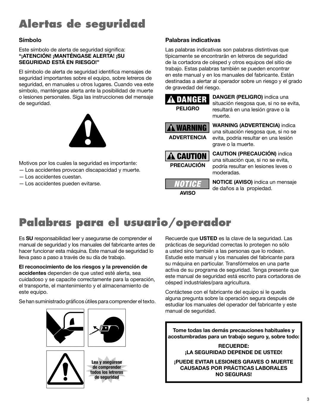 Servis-Rhino AGM62, AGM72, AGM52 Alertas de seguridad, Palabras para el usuario/operador, Símbolo, Palabras indicativas 