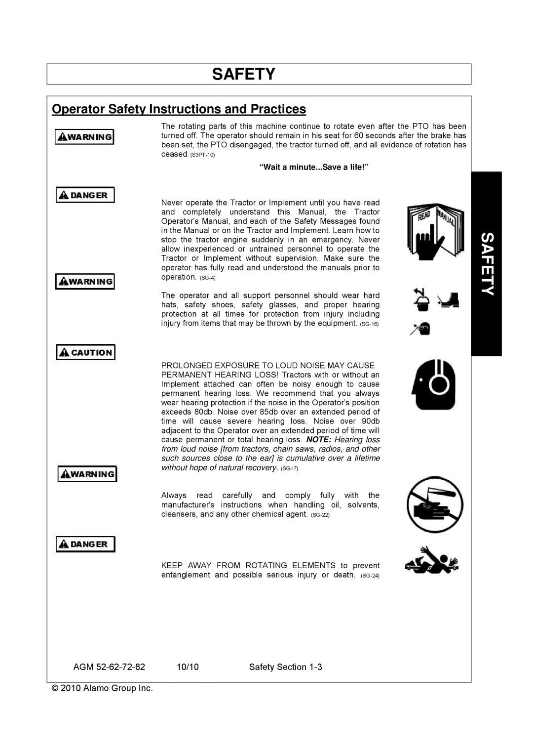 Servis-Rhino AGM62, AGM72, AGM52 manual Operator Safety Instructions and Practices, Wait a minute...Save a life 