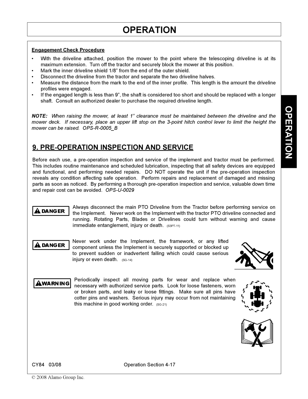 Servis-Rhino CY84 manual PRE-OPERATION Inspection and Service, Engagement Check Procedure 