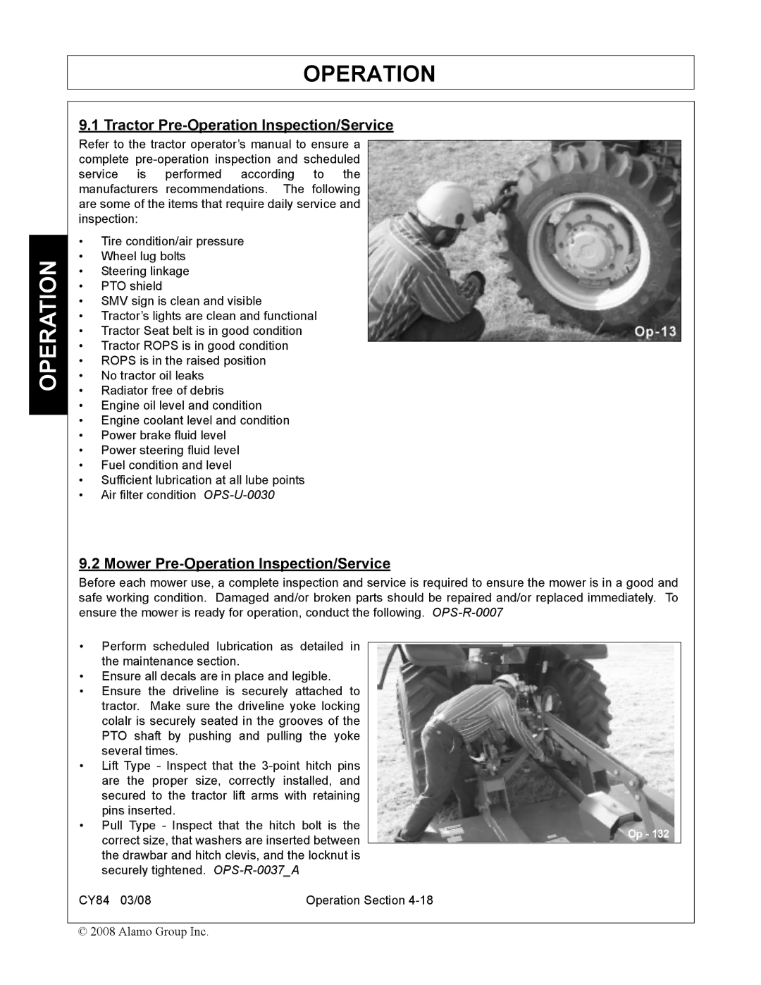 Servis-Rhino CY84 manual Tractor Pre-Operation Inspection/Service, Mower Pre-Operation Inspection/Service 