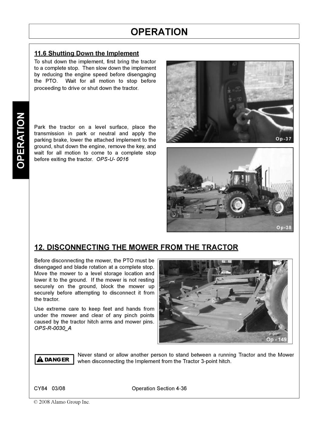 Servis-Rhino CY84 manual Disconnecting the Mower from the Tractor, Shutting Down the Implement 