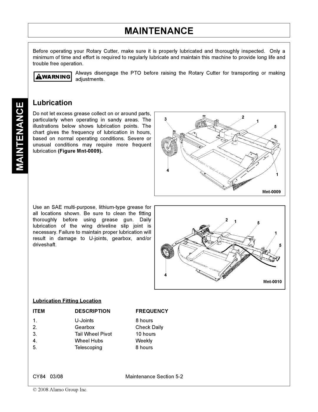 Servis-Rhino CY84 manual Maintenance, Lubrication 