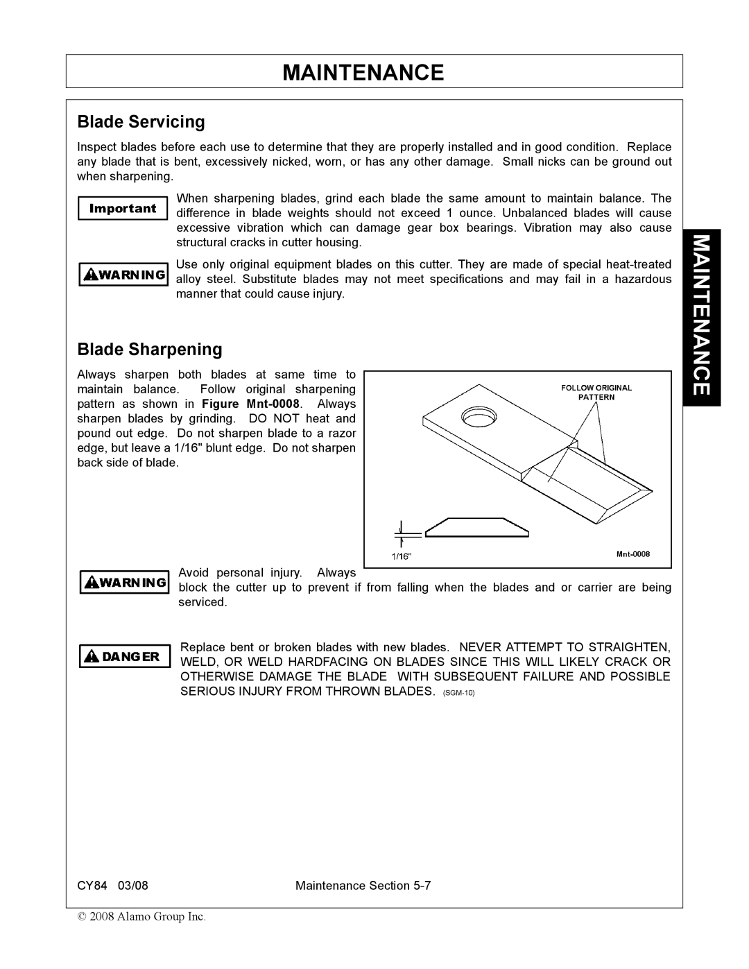 Servis-Rhino CY84 manual Blade Servicing, Blade Sharpening 