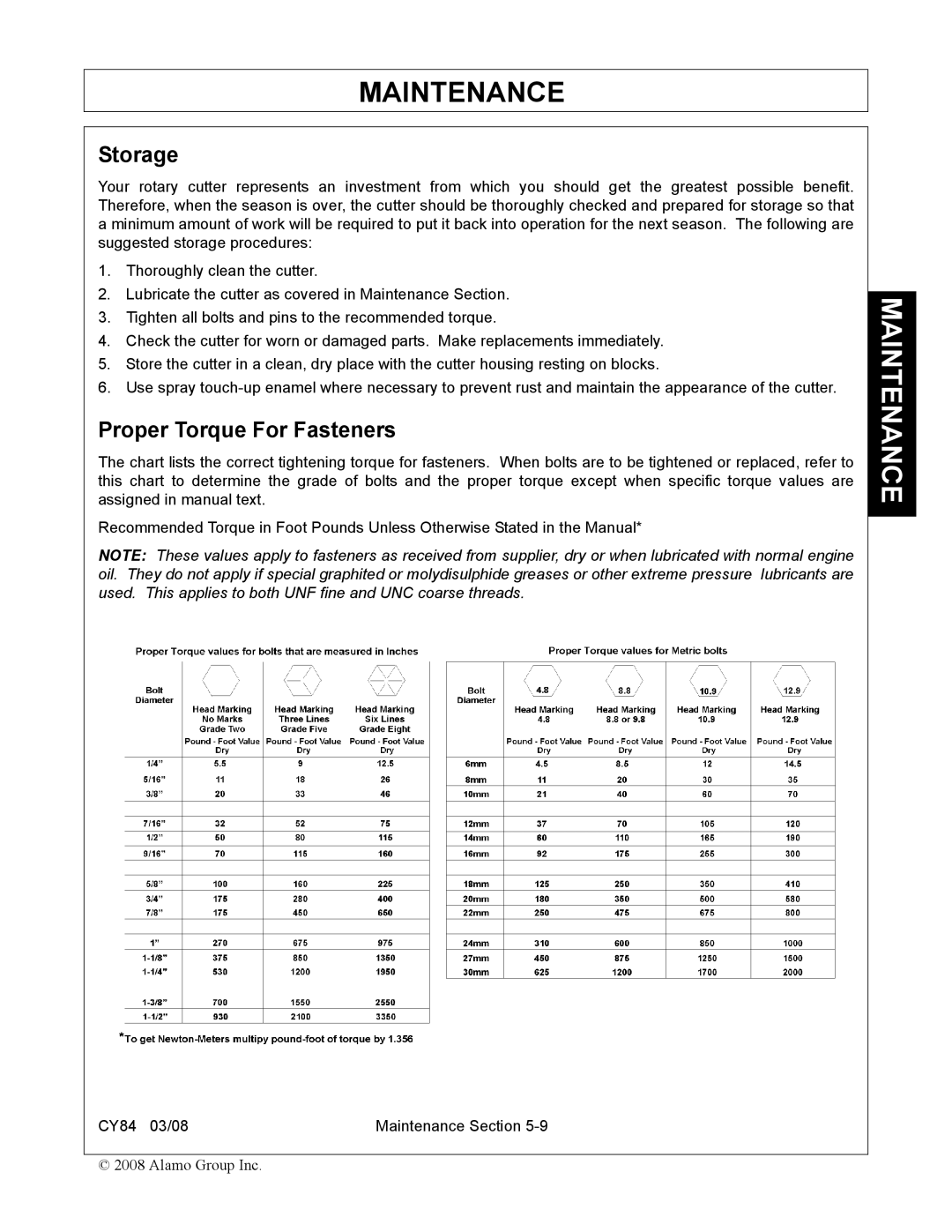 Servis-Rhino CY84 manual Storage, Proper Torque For Fasteners 