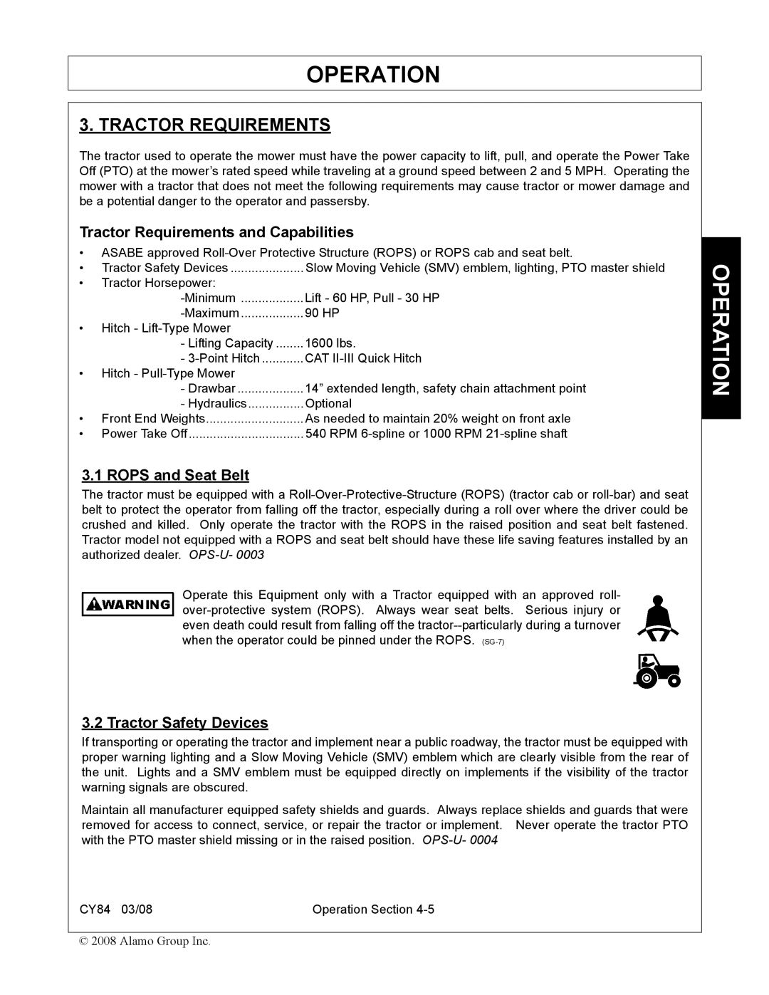 Servis-Rhino CY84 manual Tractor Requirements and Capabilities, Rops and Seat Belt, Tractor Safety Devices 