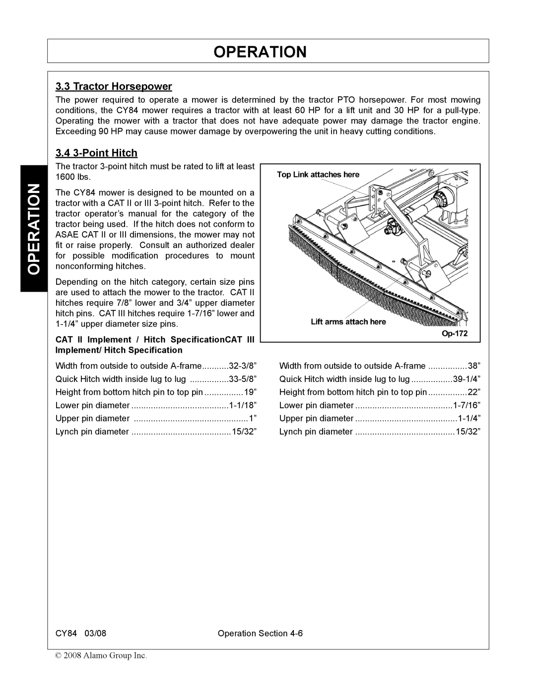 Servis-Rhino CY84 manual Tractor Horsepower, Point Hitch 