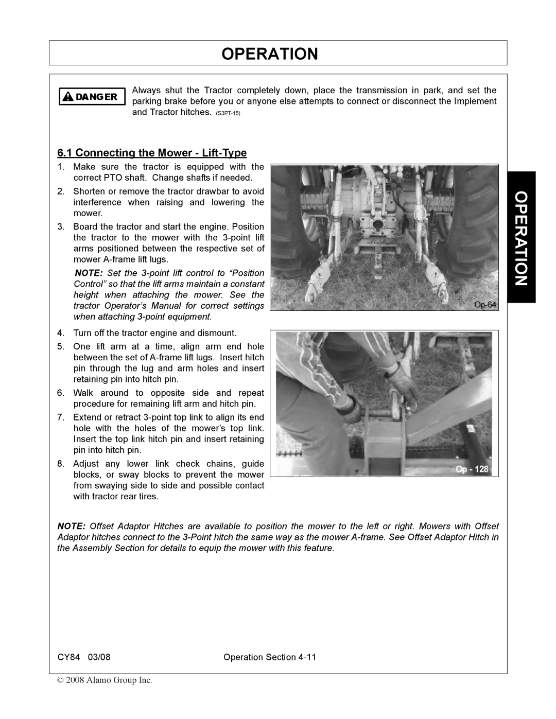 Servis-Rhino CY84 manual Connecting the Mower Lift-Type 