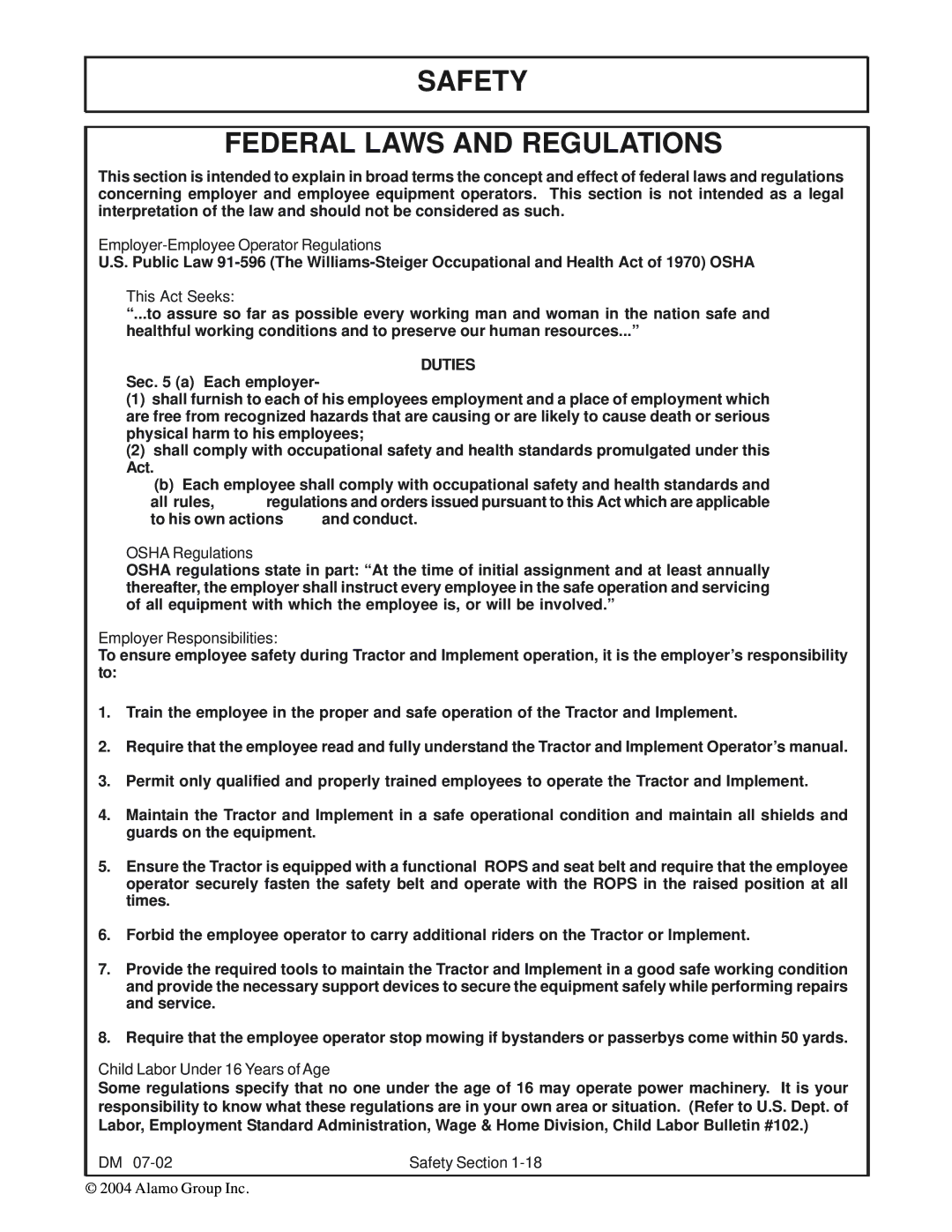 Servis-Rhino DM82, DM124, DM95, DM112 manual Safety Federal Laws and Regulations 