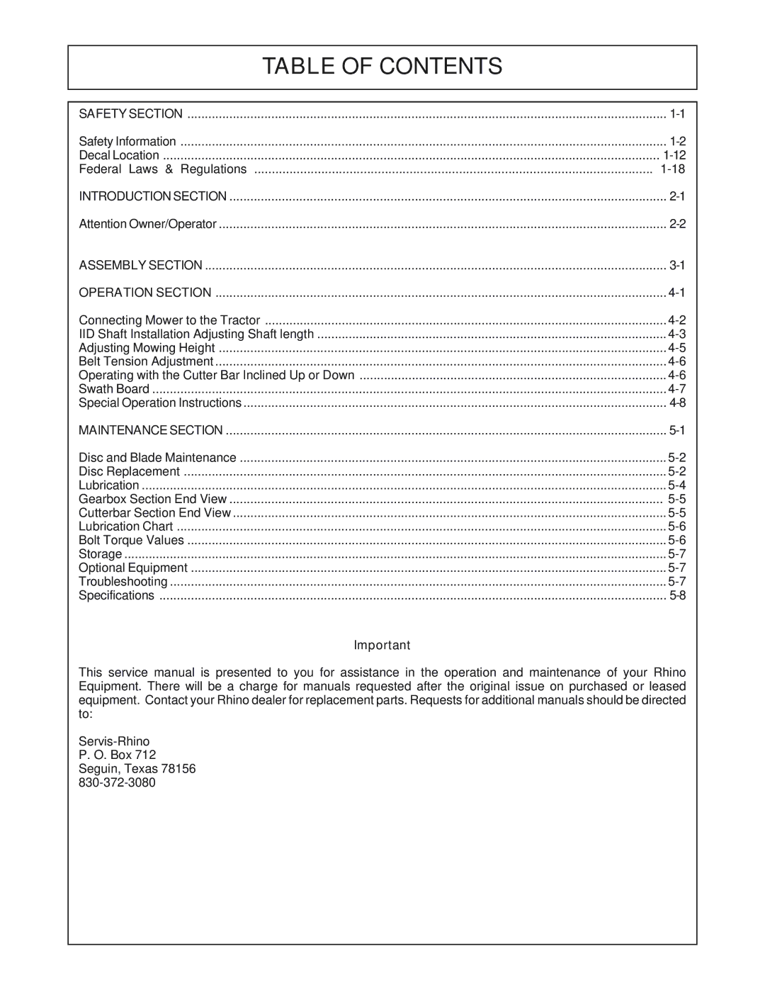 Servis-Rhino DM124, DM82, DM95, DM112 manual Table of Contents 