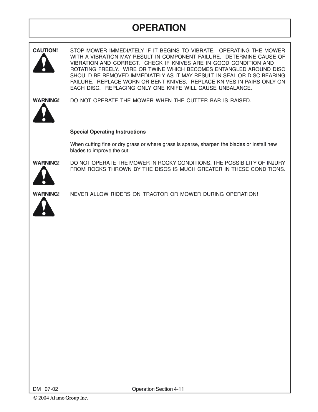 Servis-Rhino DM112, DM82, DM124, DM95 manual Special Operating Instructions 