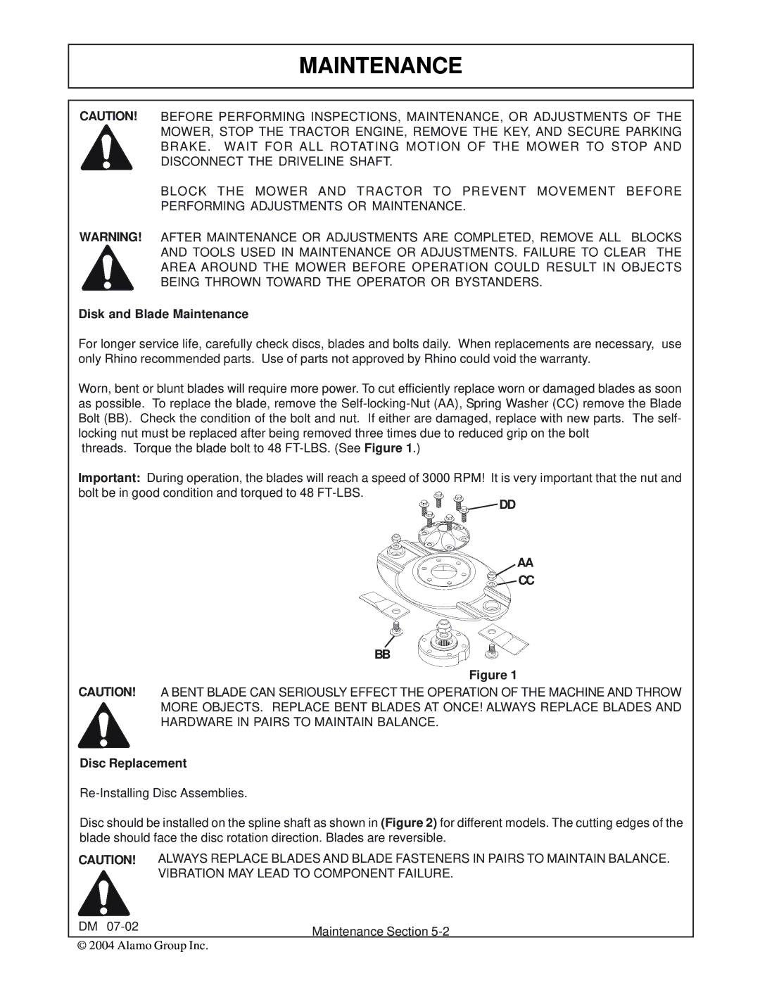 Servis-Rhino DM95, DM82, DM124, DM112 manual Maintenance 