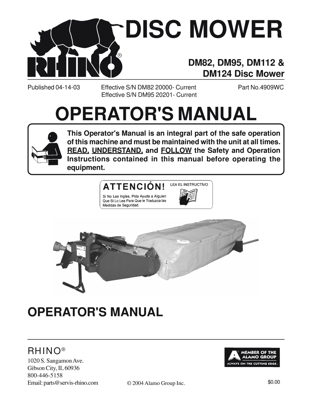 Servis-Rhino manual Operators Manual, DM82, DM95, DM112 & DM124 Disc Mower, Rhino 