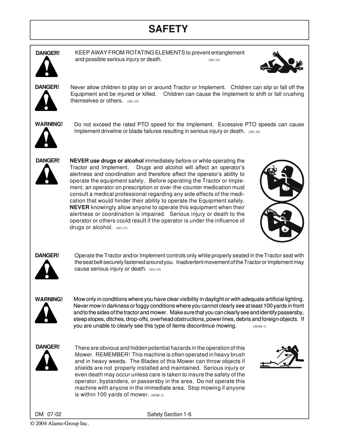 Servis-Rhino DM82, DM124, DM95, DM112 manual Safety, drugs or alcohol. SG-27 