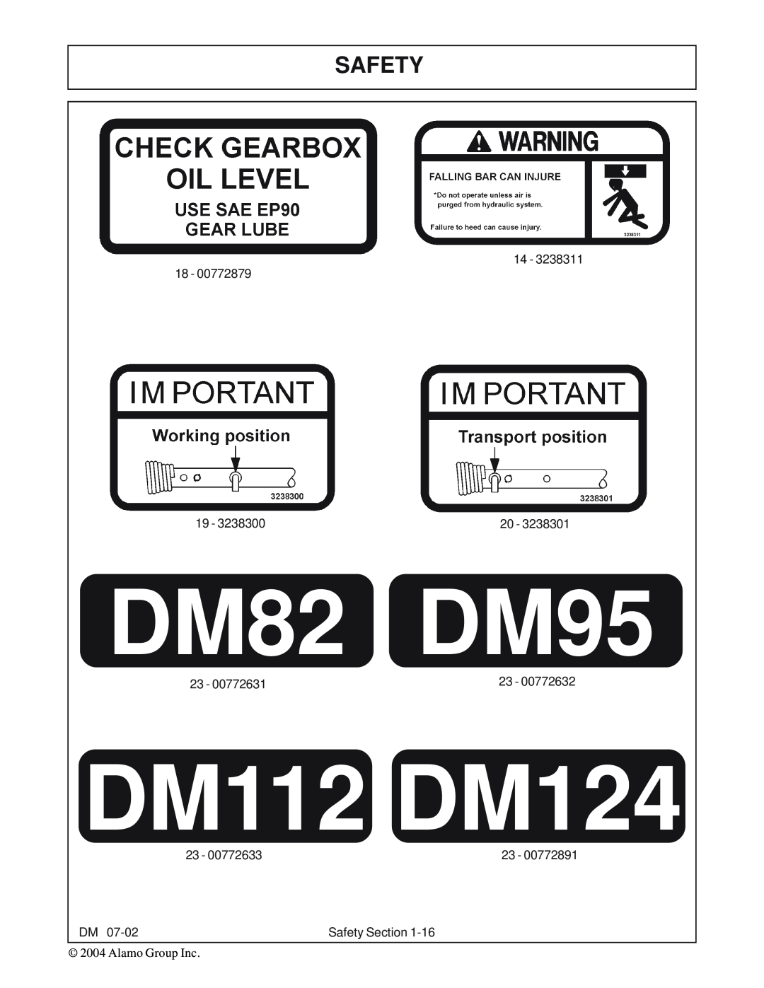 Servis-Rhino manual DM82 DM95, DM112 DM124, 14 - 18, 19, 20, 23, Safety Section 