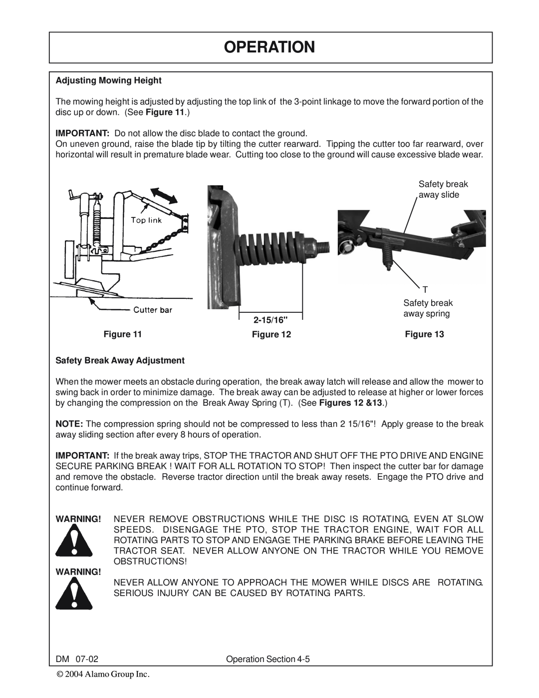 Servis-Rhino DM124, DM82, DM95, DM112 manual Operation, Adjusting Mowing Height, Figure, 2-15/16, Safety Break Away Adjustment 
