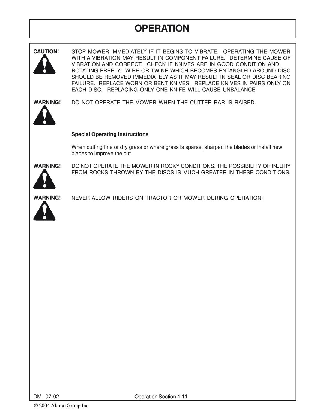 Servis-Rhino DM112, DM82, DM124, DM95 manual Operation, Special Operating Instructions 
