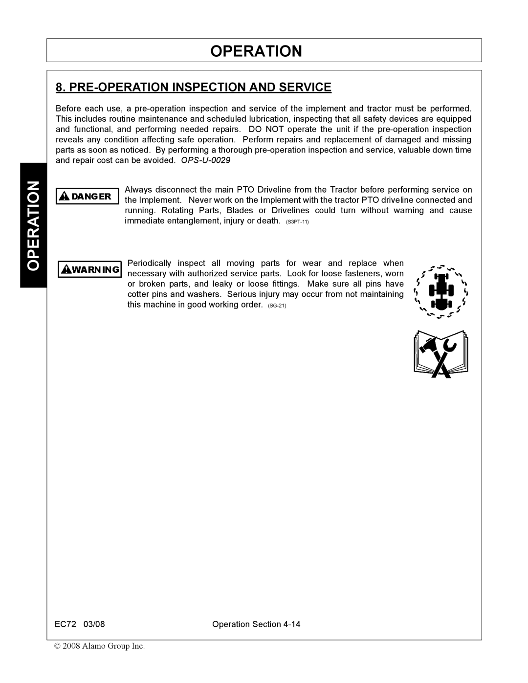 Servis-Rhino EC72 manual PRE-OPERATION Inspection and Service 