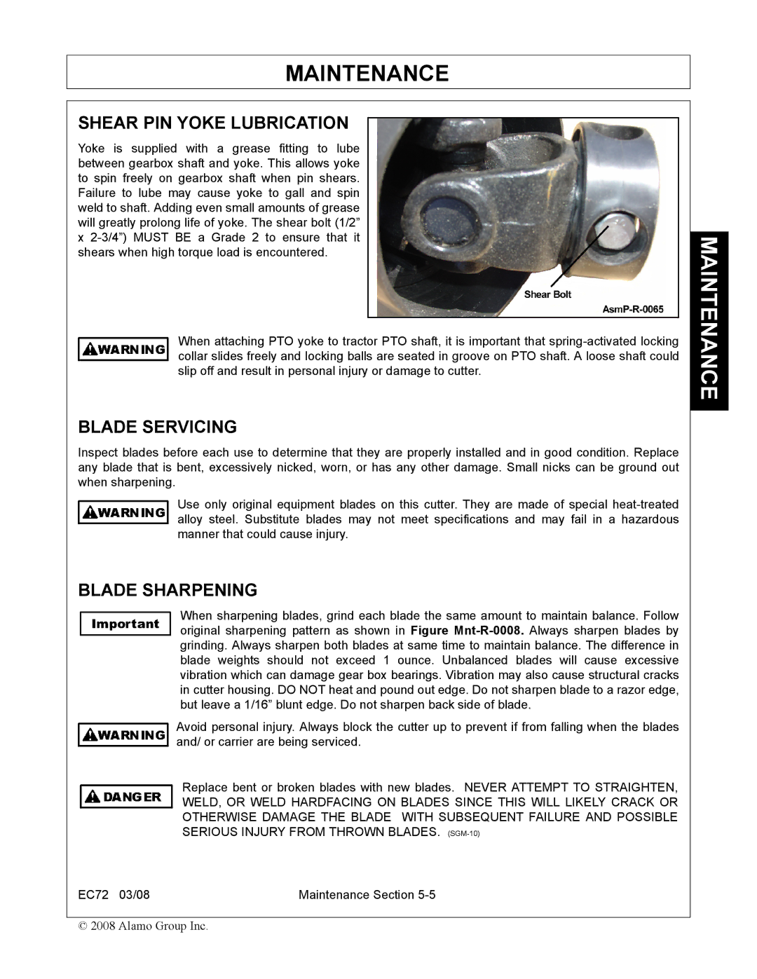 Servis-Rhino EC72 manual Shear PIN Yoke Lubrication, Blade Servicing, Blade Sharpening 