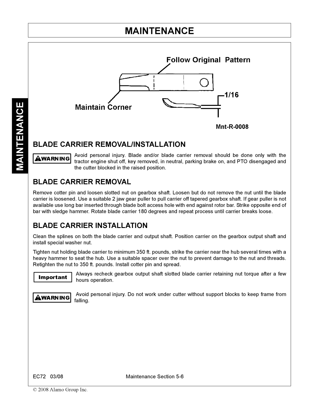 Servis-Rhino EC72 manual Blade Carrier REMOVAL/INSTALLATION, Blade Carrier Removal, Blade Carrier Installation 