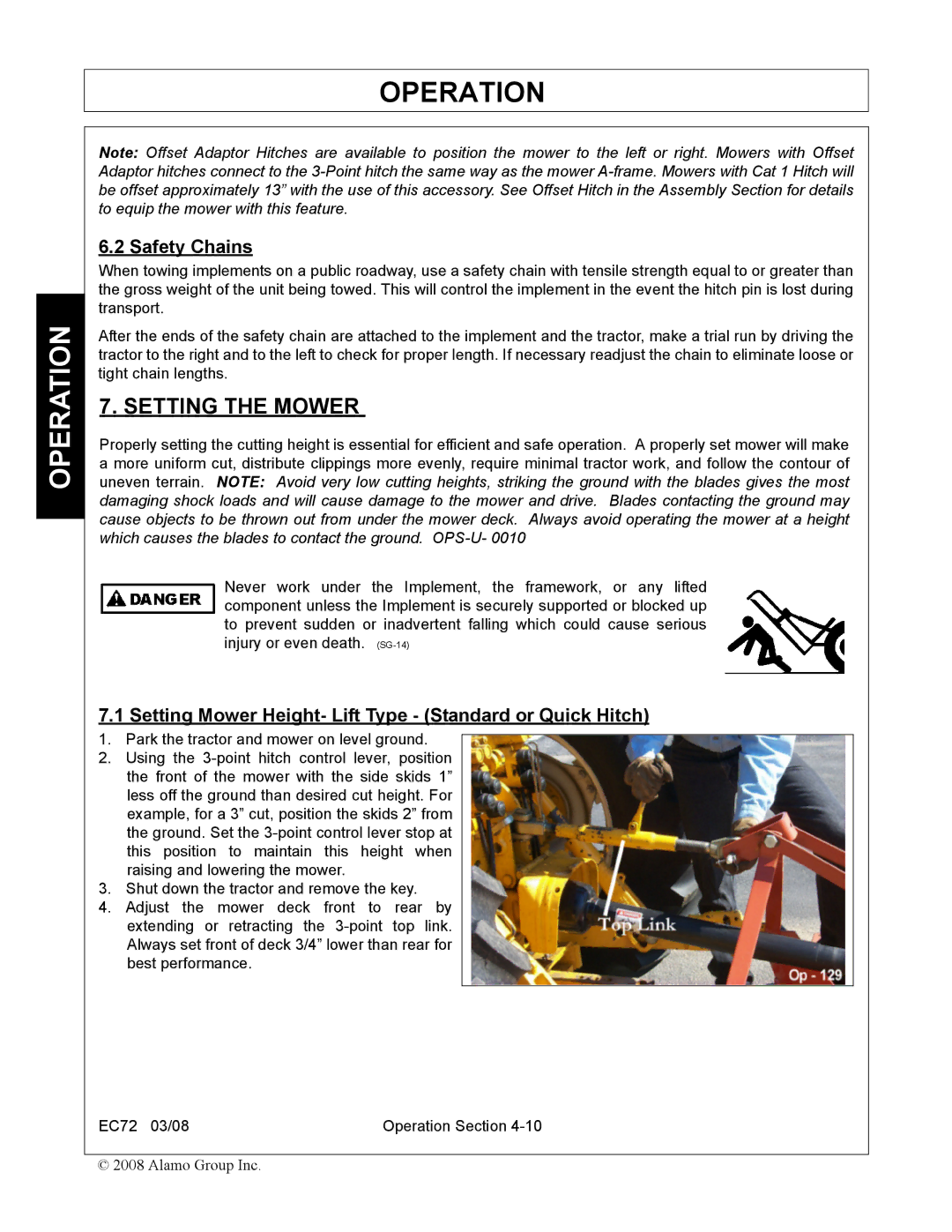 Servis-Rhino EC72 manual Setting the Mower, Safety Chains, Setting Mower Height- Lift Type Standard or Quick Hitch 