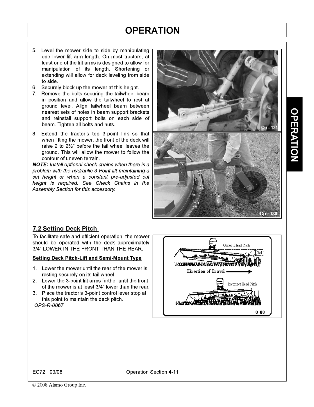 Servis-Rhino EC72 manual Setting Deck Pitch-Lift and Semi-Mount Type 