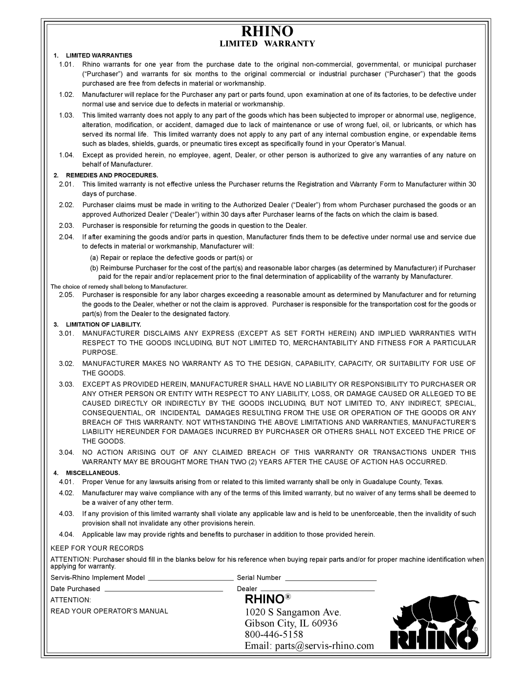 Servis-Rhino F-4123C manual Rhino 