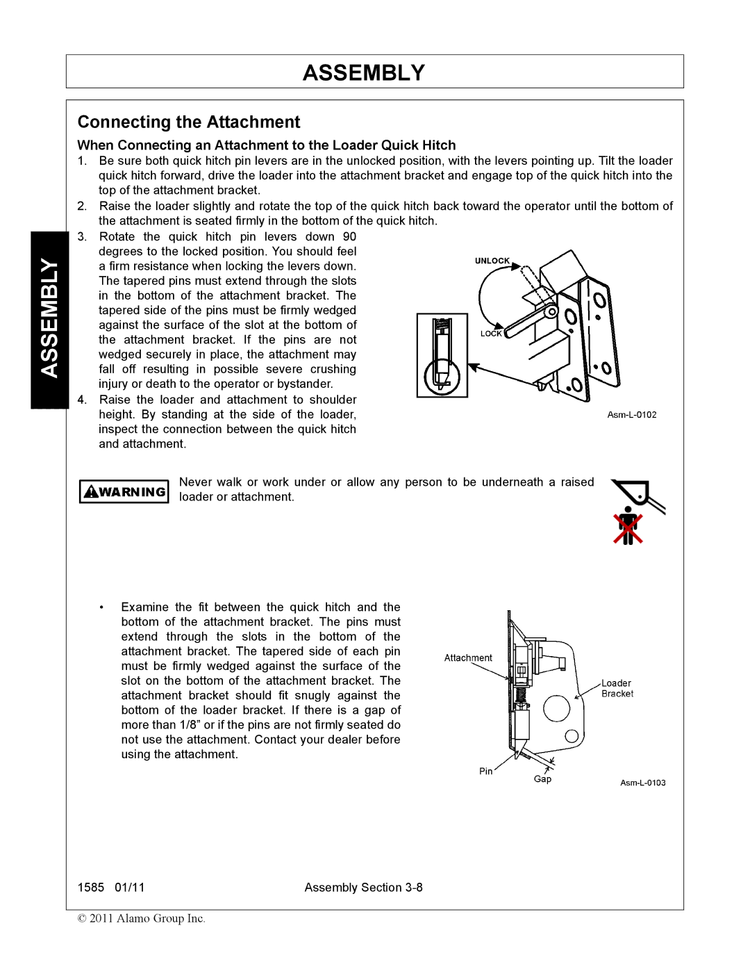 Servis-Rhino F-4123C manual Connecting the Attachment, When Connecting an Attachment to the Loader Quick Hitch 