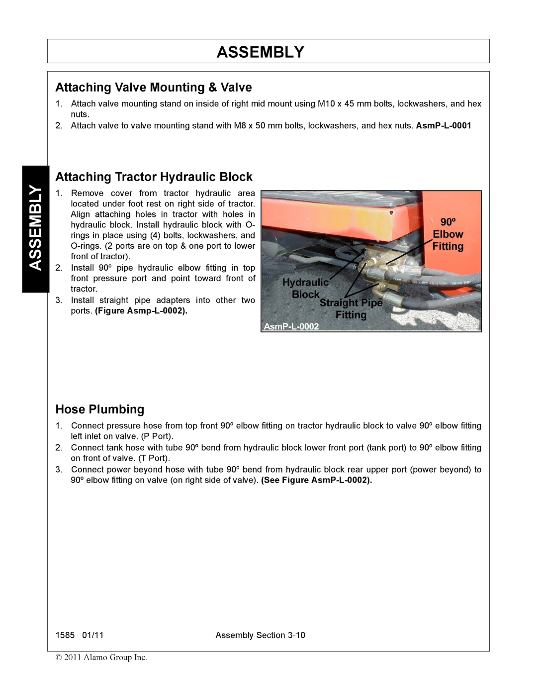 Servis-Rhino F-4123C manual Attaching Valve Mounting & Valve, Attaching Tractor Hydraulic Block, Hose Plumbing 