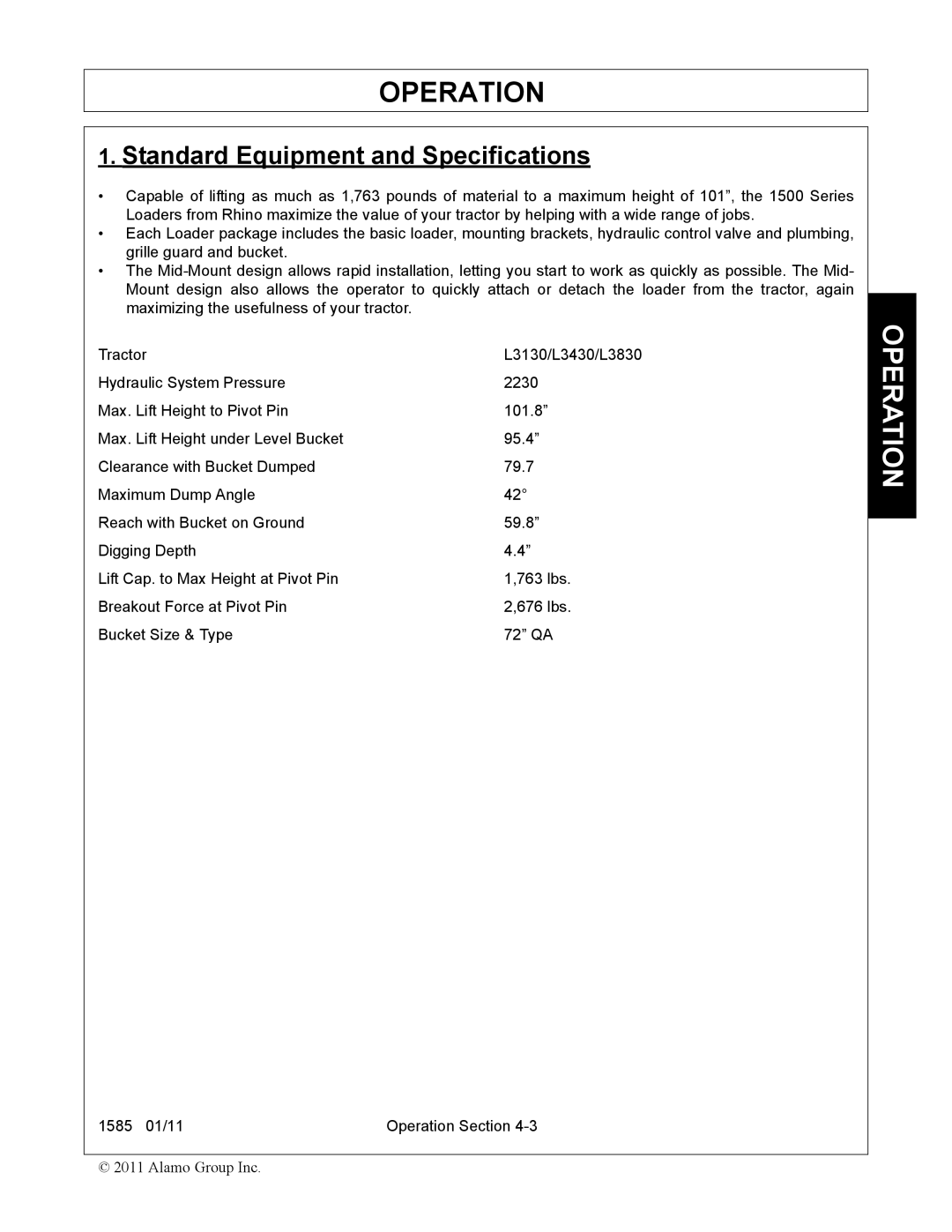 Servis-Rhino F-4123C manual Standard Equipment and Specifications 