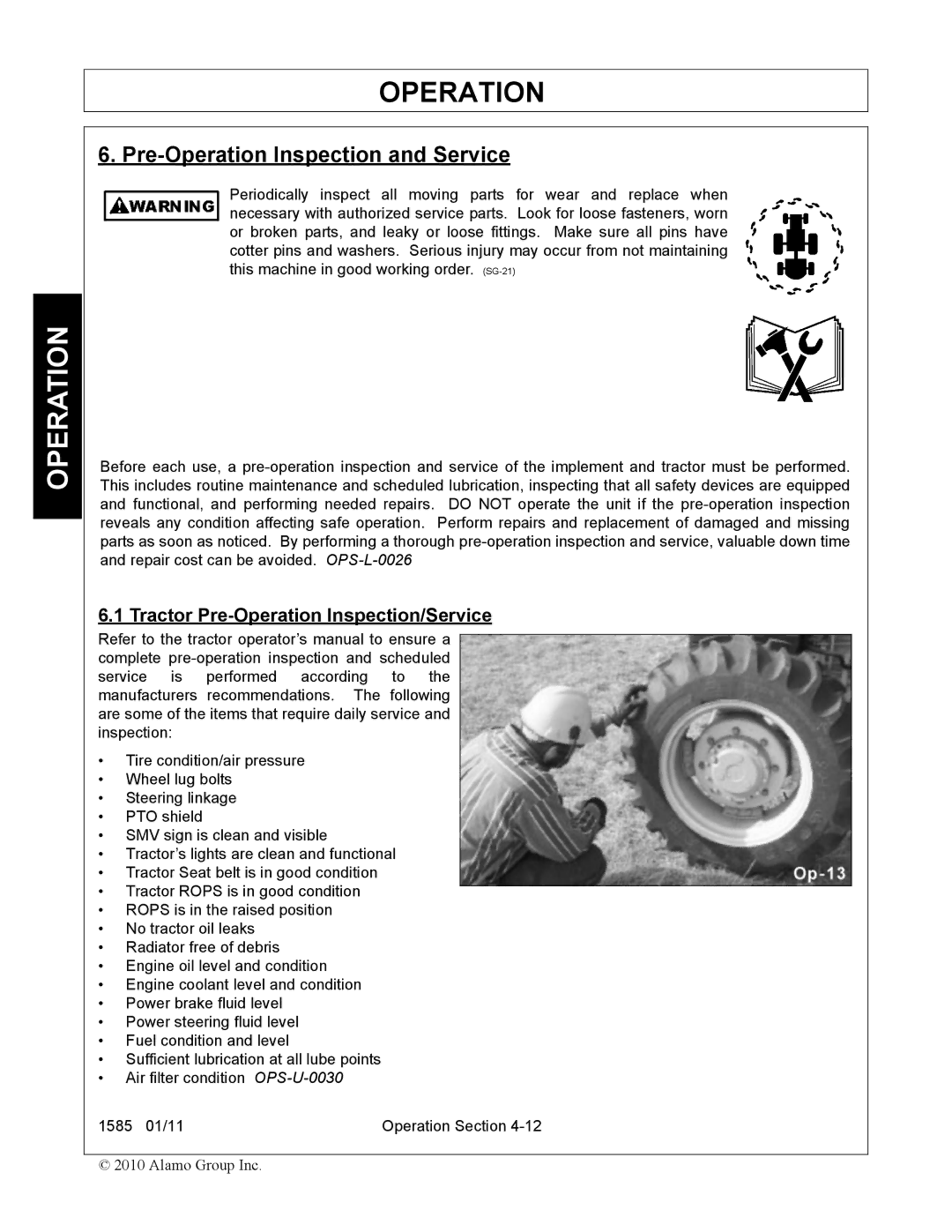 Servis-Rhino F-4123C manual Pre-Operation Inspection and Service, Tractor Pre-Operation Inspection/Service 