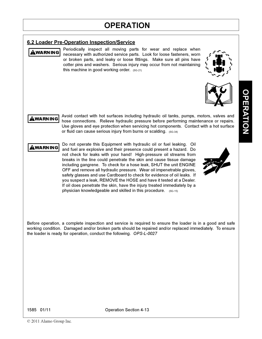 Servis-Rhino F-4123C manual Loader Pre-Operation Inspection/Service 