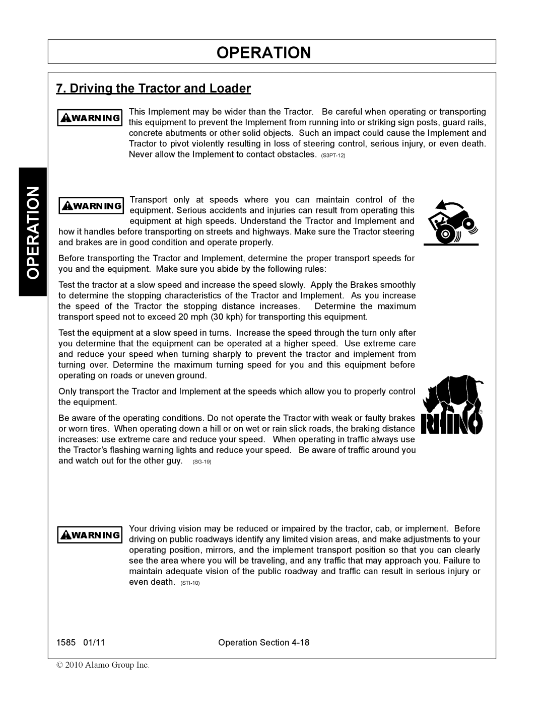 Servis-Rhino F-4123C manual Driving the Tractor and Loader 