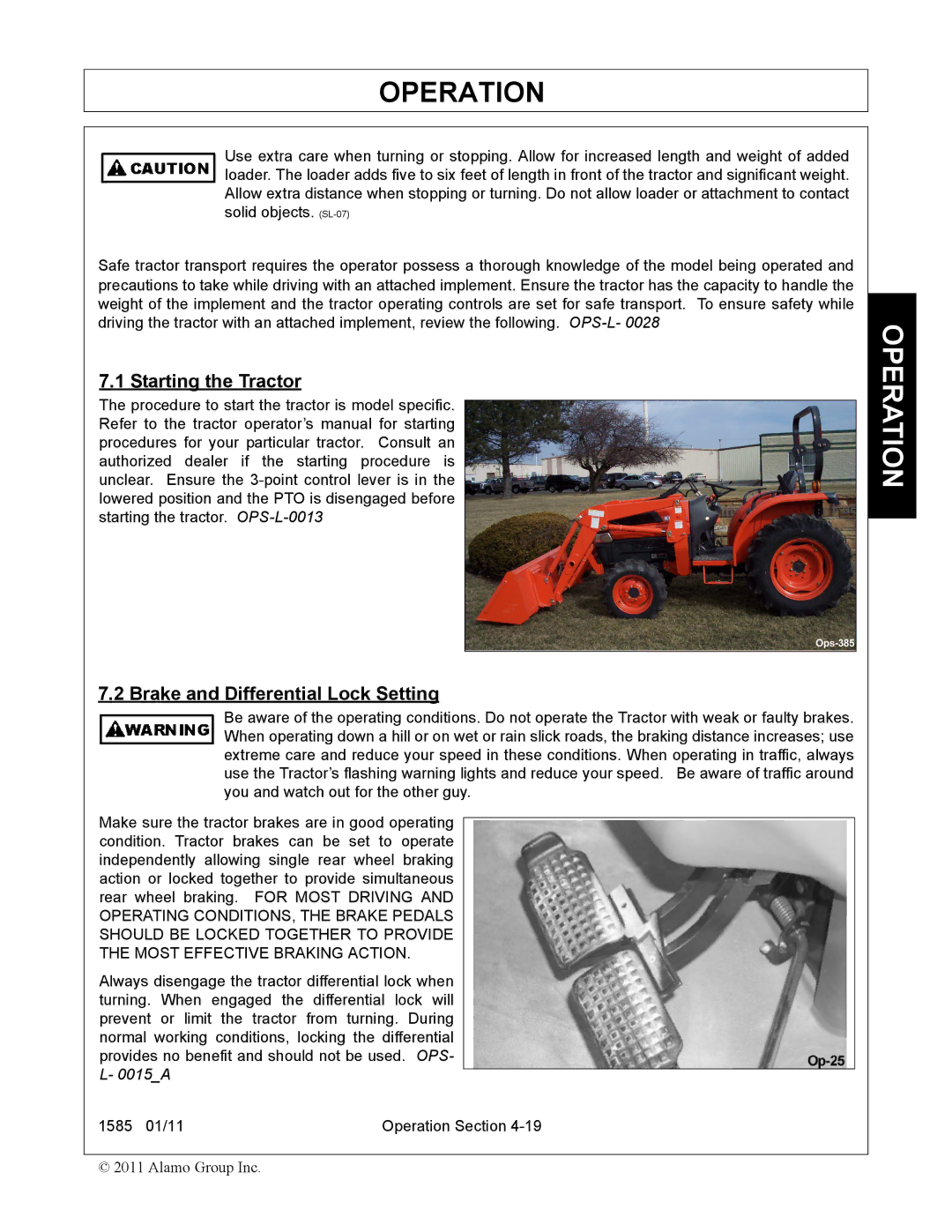 Servis-Rhino F-4123C manual Starting the Tractor, Brake and Differential Lock Setting 