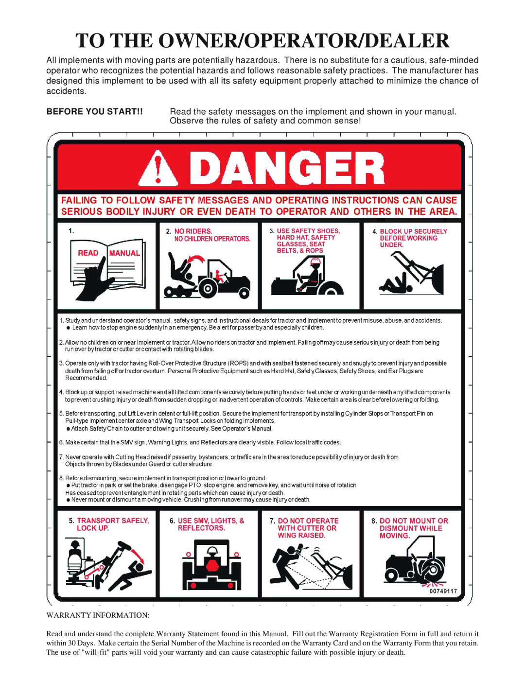 Servis-Rhino FM60/72 manual To the OWNER/OPERATOR/DEALER 