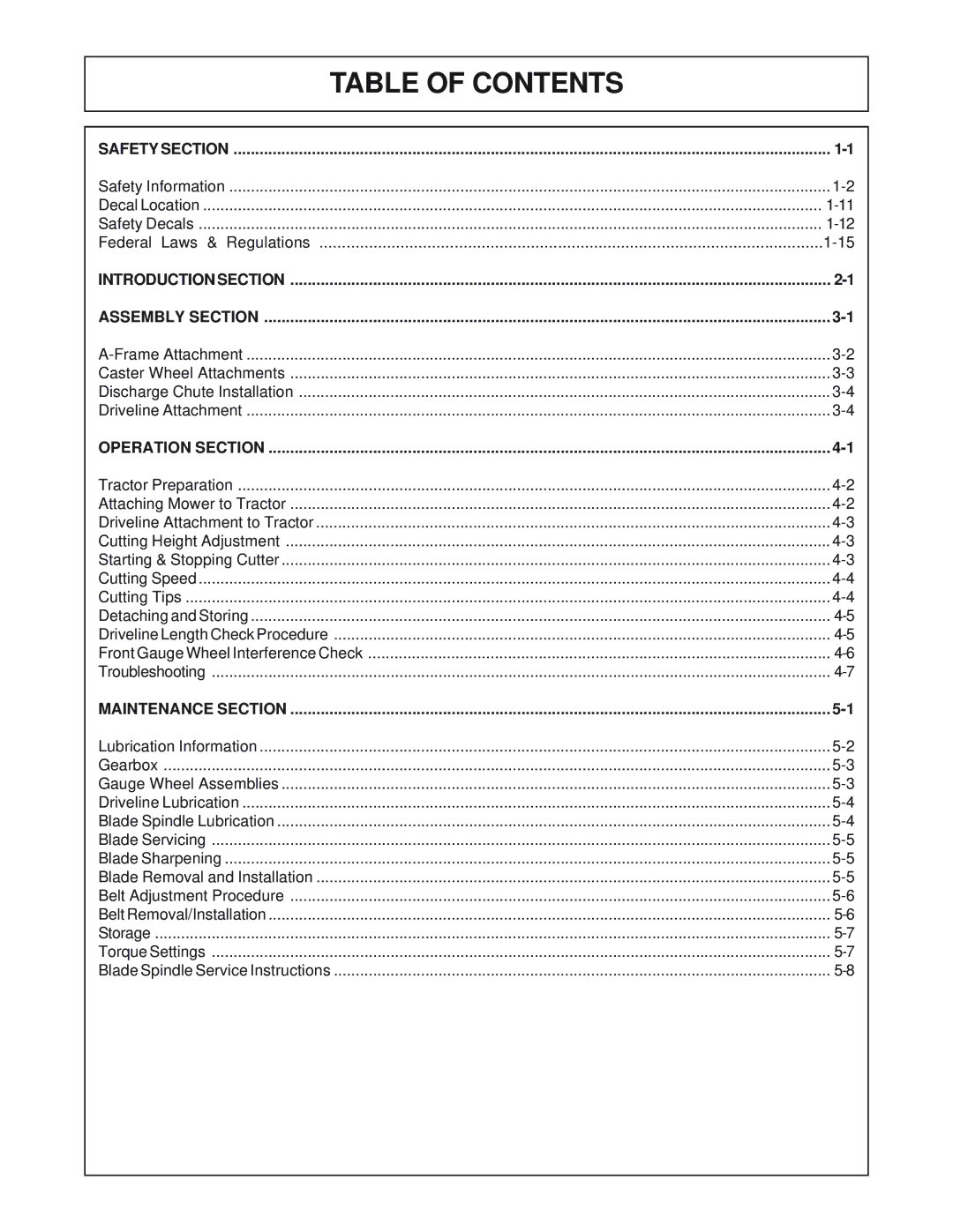 Servis-Rhino FM60/72 manual Table of Contents 