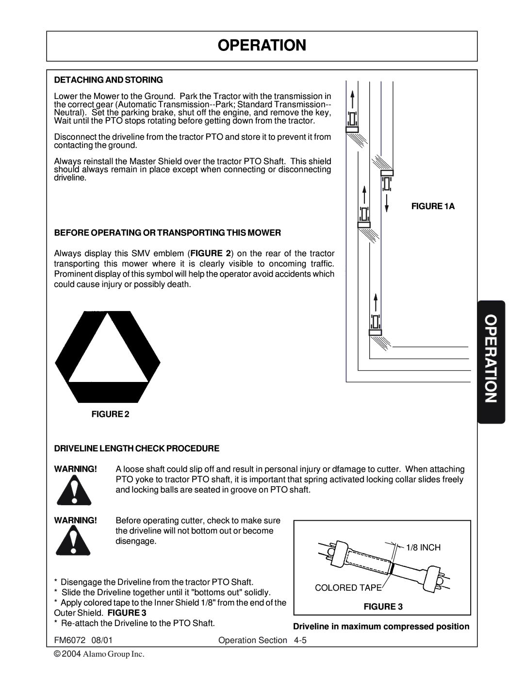 Servis-Rhino FM60/72 Detaching and Storing, Before Operating or Transporting this Mower, Driveline Length Check Procedure 