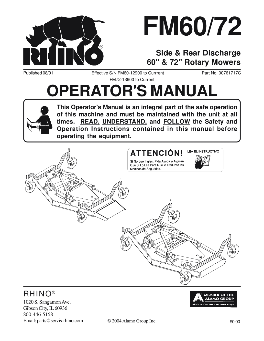 Servis-Rhino FM60/72 manual Side & Rear Discharge 60 & 72 Rotary Mowers, Rhino, Operators Manual 
