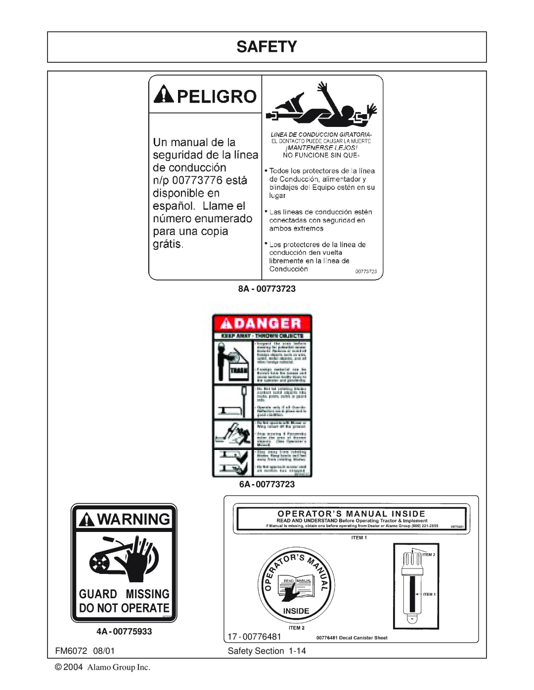 Servis-Rhino FM60/72 manual Safety, 8A 6A 