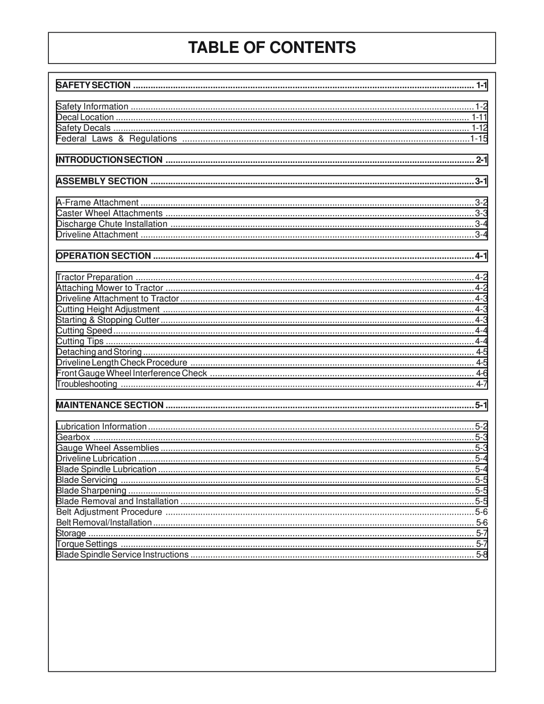 Servis-Rhino FM60/72 manual Table Of Contents, Safety Section, Introduction Section, Assembly Section, Operation Section 