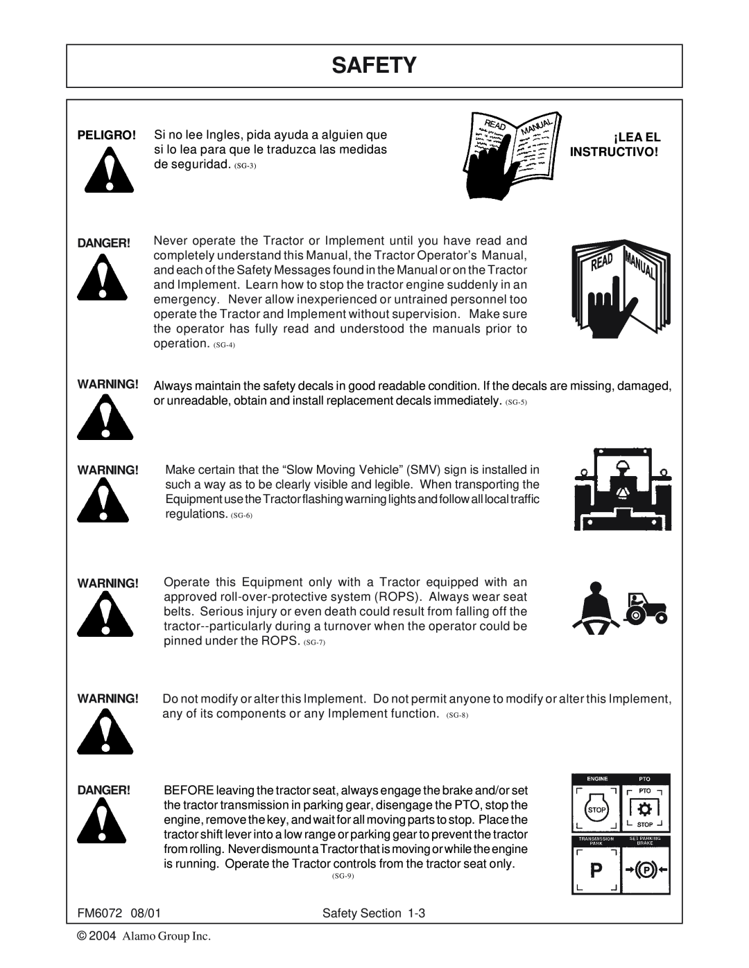 Servis-Rhino FM60/72 manual Safety, Peligro Danger, ¡Lea El Instructivo, SG-9 
